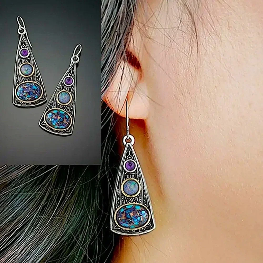 Vintage Handmade Boho Earrings, Silver Geometric - Picture 2 of 6